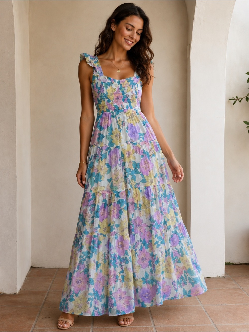 Pastel Floral Smocked Maxi Dress with Ruffle Straps